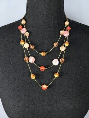 Layered Beaded Necklace Pink Orange Gold Multistrand Retro Statement Jewelry